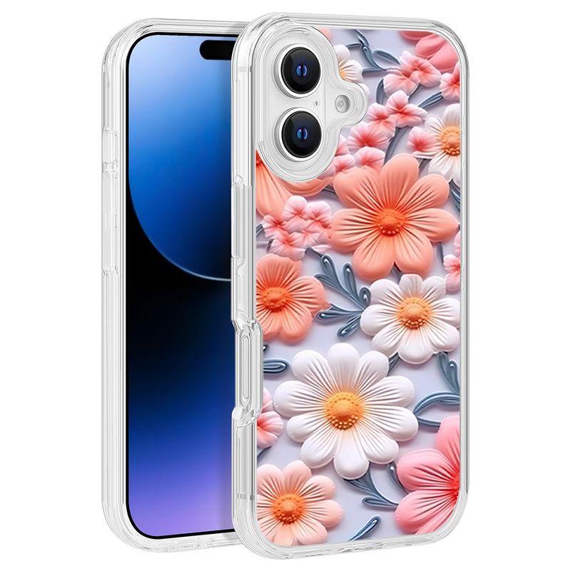 Orange & White Pastel Flowers Design Clear PC Hard Cover for iPhone 16 (6.1) – TPU Bumper Edge Protection
