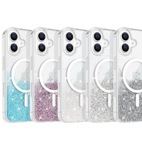 Apple iPhone 16 (6.1) - Holographic Gold, Blue Glitter, Hot Pink Glitter, or Silver Glitter Twinkle Stardust Effect Hard Clear Case with TPU Edge Bumper, Compatible with MagSafe Charger