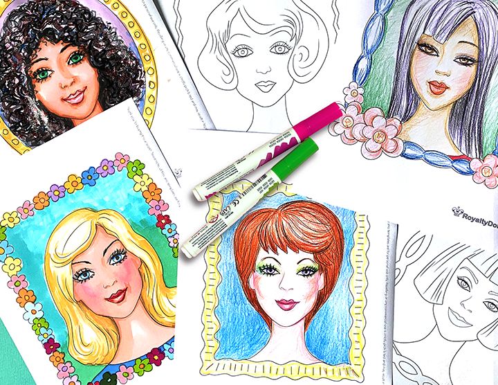 Printable Coloring Pages: "7 Faces" for Makeup and Hair Color-In Fun