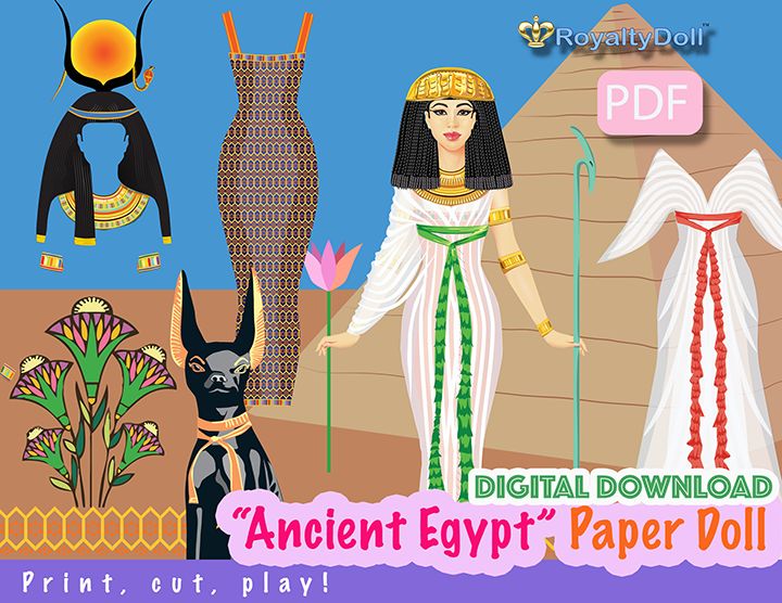 Ancient Egypt Paper Doll with Anubis and Two Clothing Sets – Instant Download, PDF