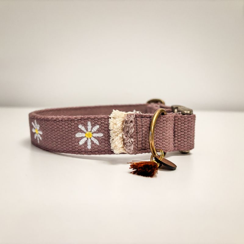Motiv besticktes Hundehalsband "Nature Taupe Daisy"
