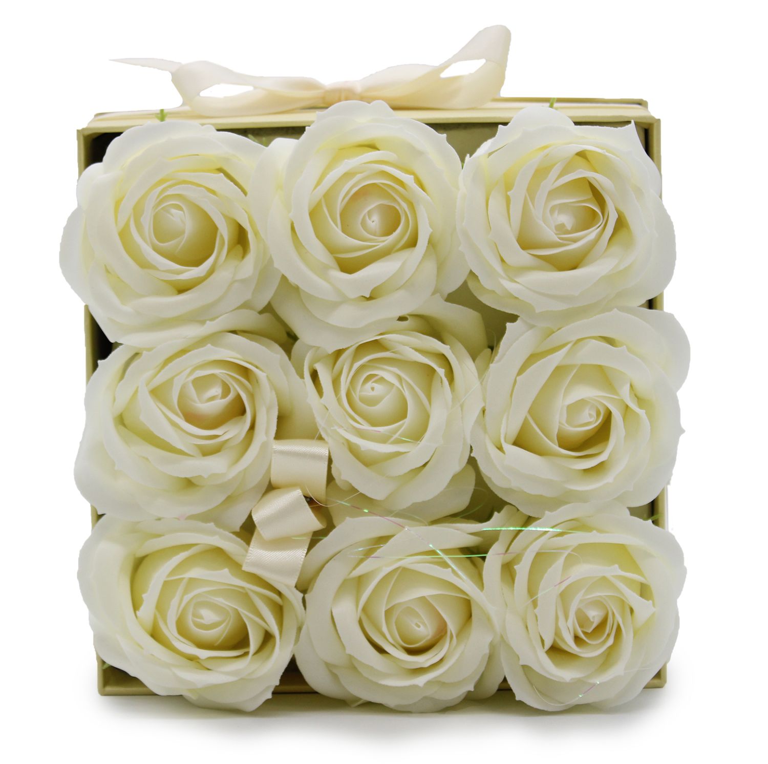 Caja de Regalo de Flores de Jabon - 9 Rosas Color Crema - Cuadrada