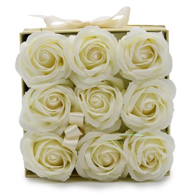 Caja de Regalo de Flores de Jabon - 9 Rosas Color Crema - Cuadrada
