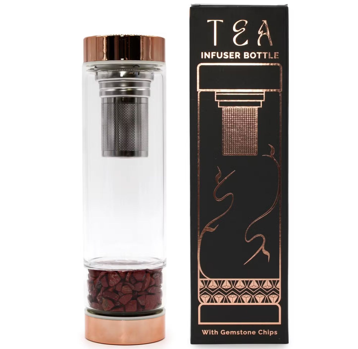 Botella de cristal para te - oro rosa - Jasper rojo