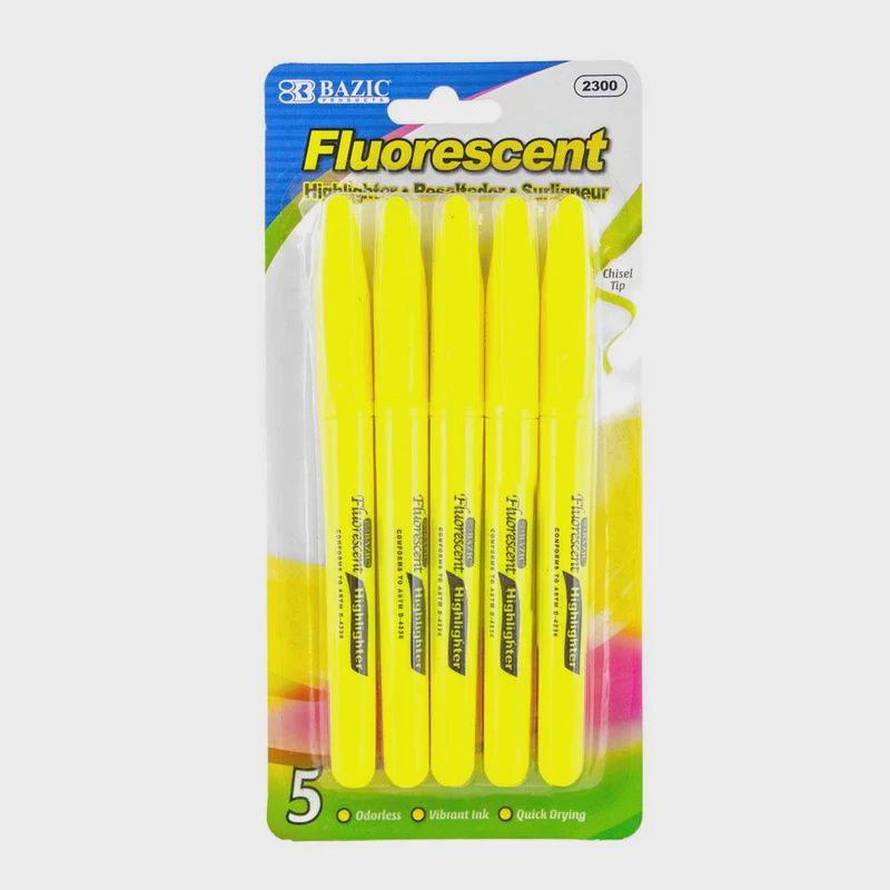 Pen Style Fluorescent Highlighter Yellow w/ Pocket Clip (5/Pk)