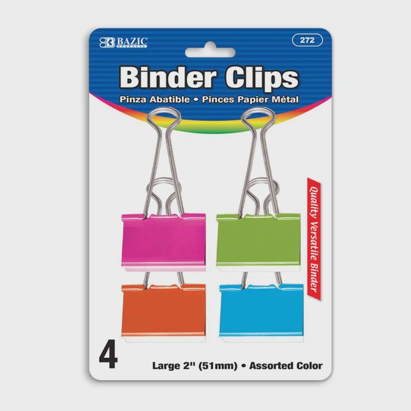 Large 2" (51mm) Assorted Color Binder Clip (4/Pack)