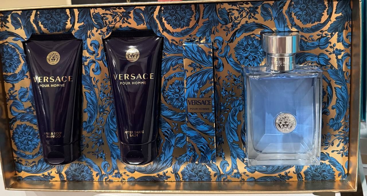 Versace Dylan Blue Pour Homme 4-Pc Gift Set — EDT 3.4 oz + Hair & Body Shampoo 2.5 oz + After Shave Balm 2.5 oz + EDT Travel Spray 0.3 oz