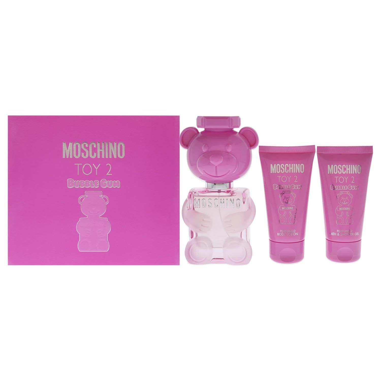 Moschino Moschino Juguete 2 Chicle 1.7oz Eau de toilette Spray, 1.7oz Loción Corporal, 1.7oz Gel de Baño y Ducha para Mujeres 3 Piezas Juego de Regalo