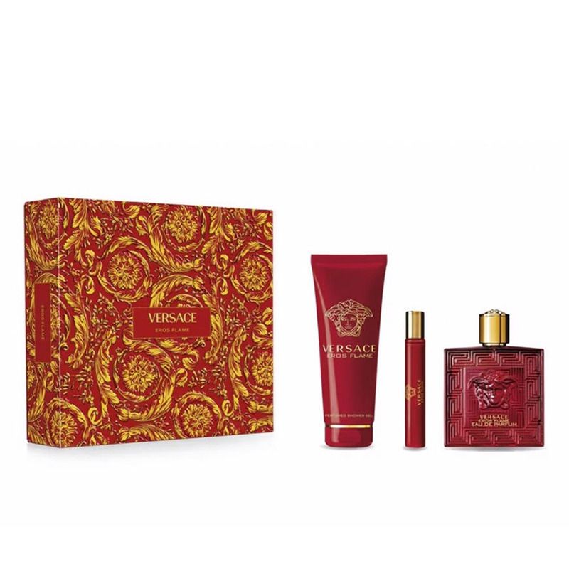 Versace Eros Flame Casem 3-pcs Gift box for Men (Eau de Parfum Spray 3.4 Fl oz + Shower gel 5 Fl oz + Eau de Parfum Spray 0.3 Fl oz)