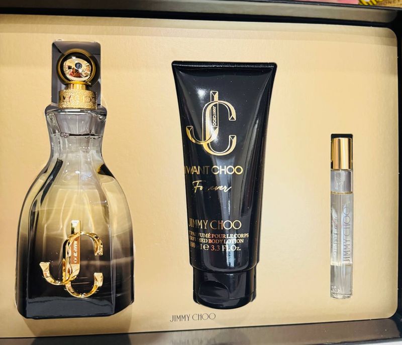 Jimmy Choo Eau de Parfum Spray, 3.3 oz.; Body Lotion, 3.3 oz.; Travel Spray, 0.25 oz.; Pouch