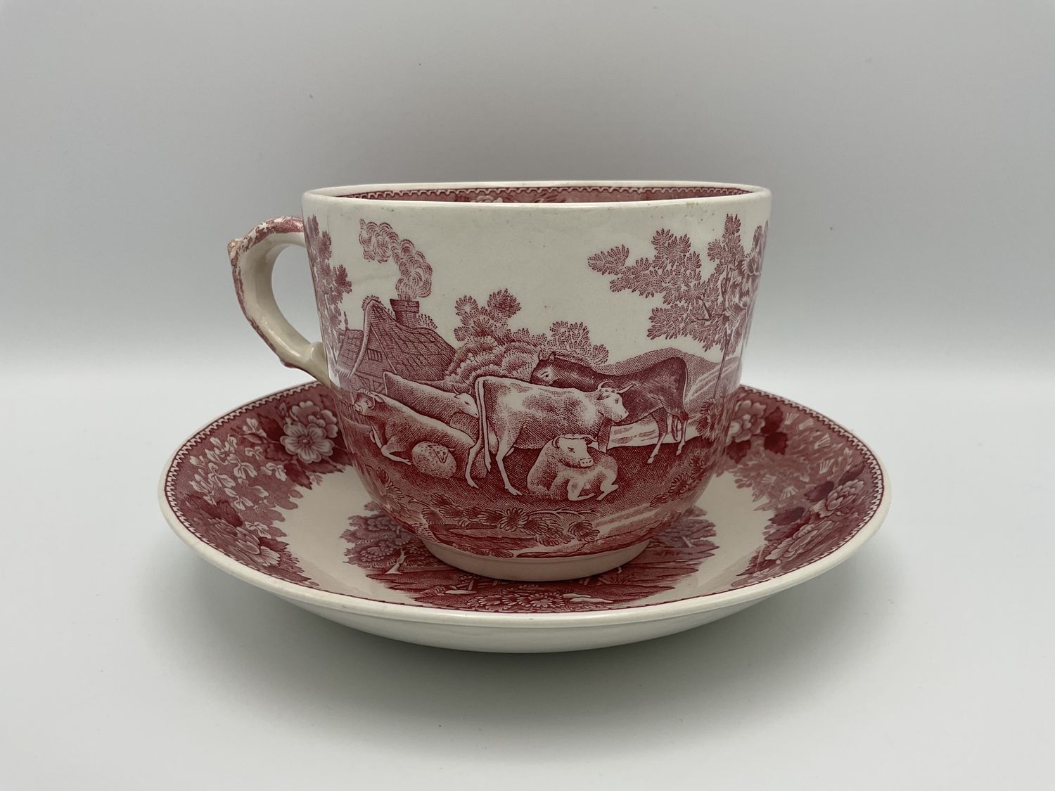 Ovrszd red Stafford cup and saucer