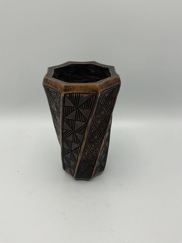 Hand-Carved Tribal Geometric Wooden Vase