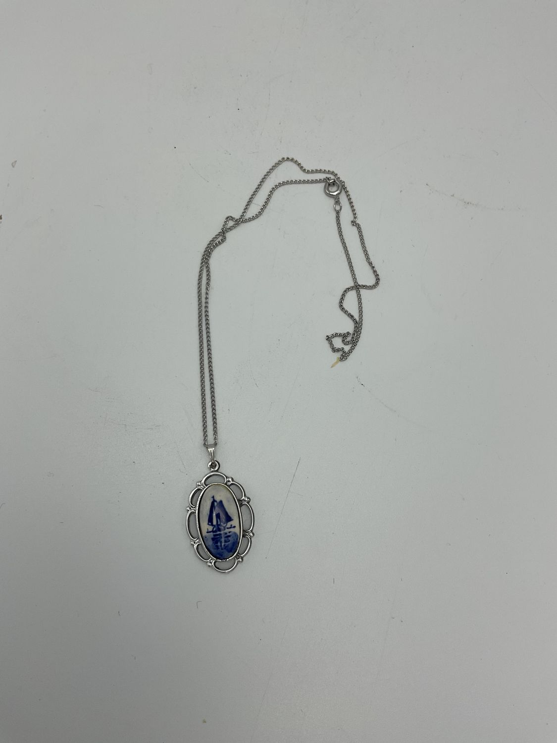 Delft-Style Porcelain Vintage Pendant Necklace Windmill Scene