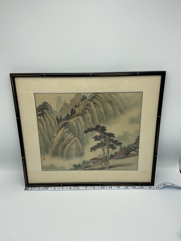 Asian mountains landscape painting, pagoda
