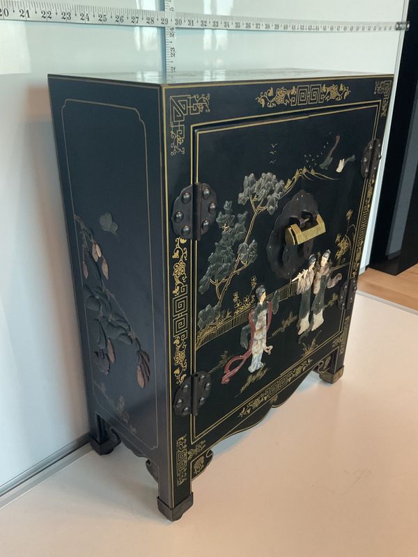 Vintage Chinese Black Lacquer Cabinet w/ Mother-of-Pearl Inlay