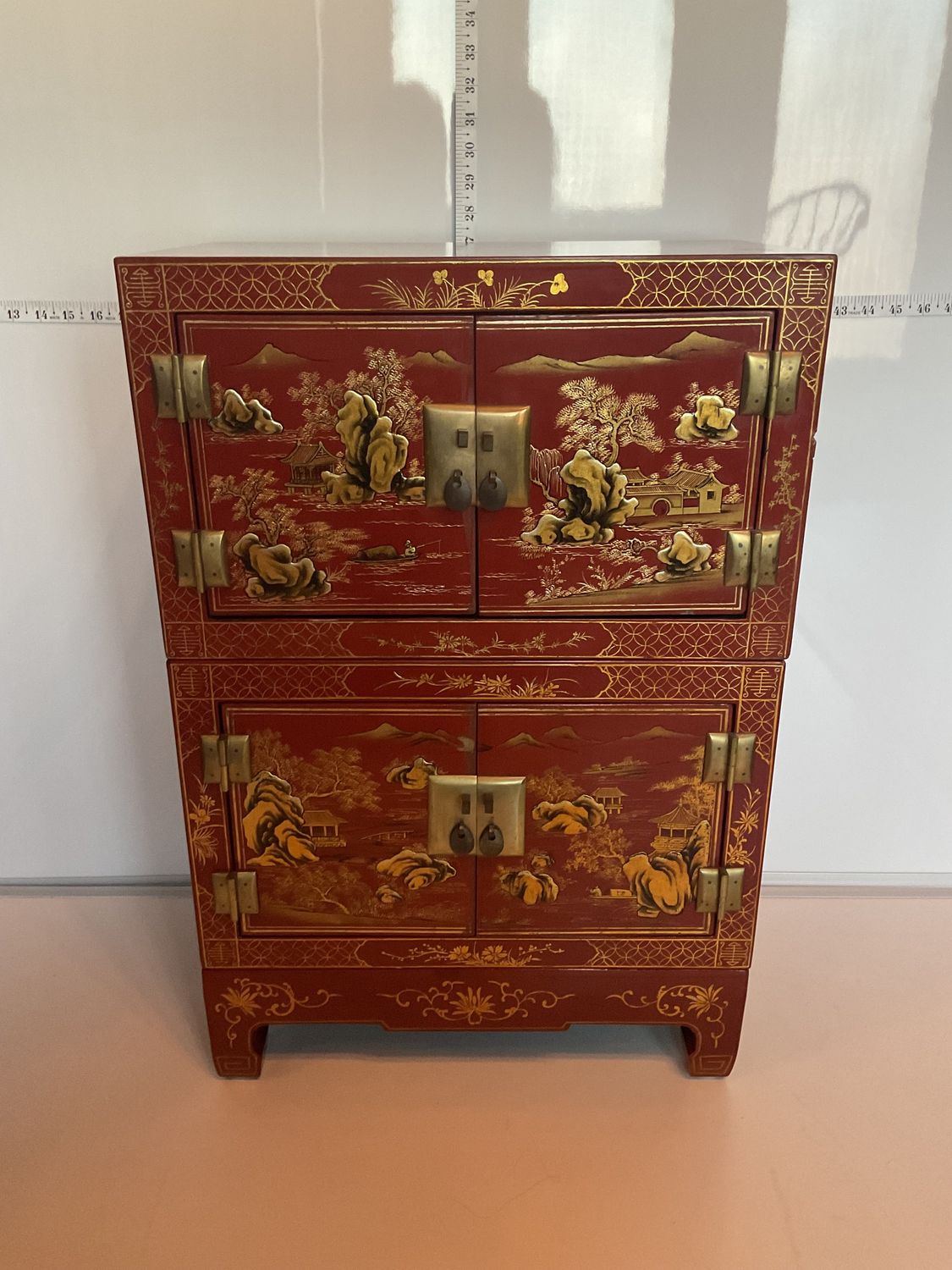 Vintage Red Lacquer Asian Stacking Cabinet, Hand-Painted Scenic Panels, Brass Hardware