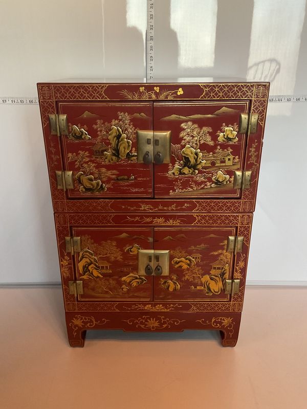 Vintage Red Lacquer Asian Stacking Cabinet, Hand-Painted Scenic Panels, Brass Hardware