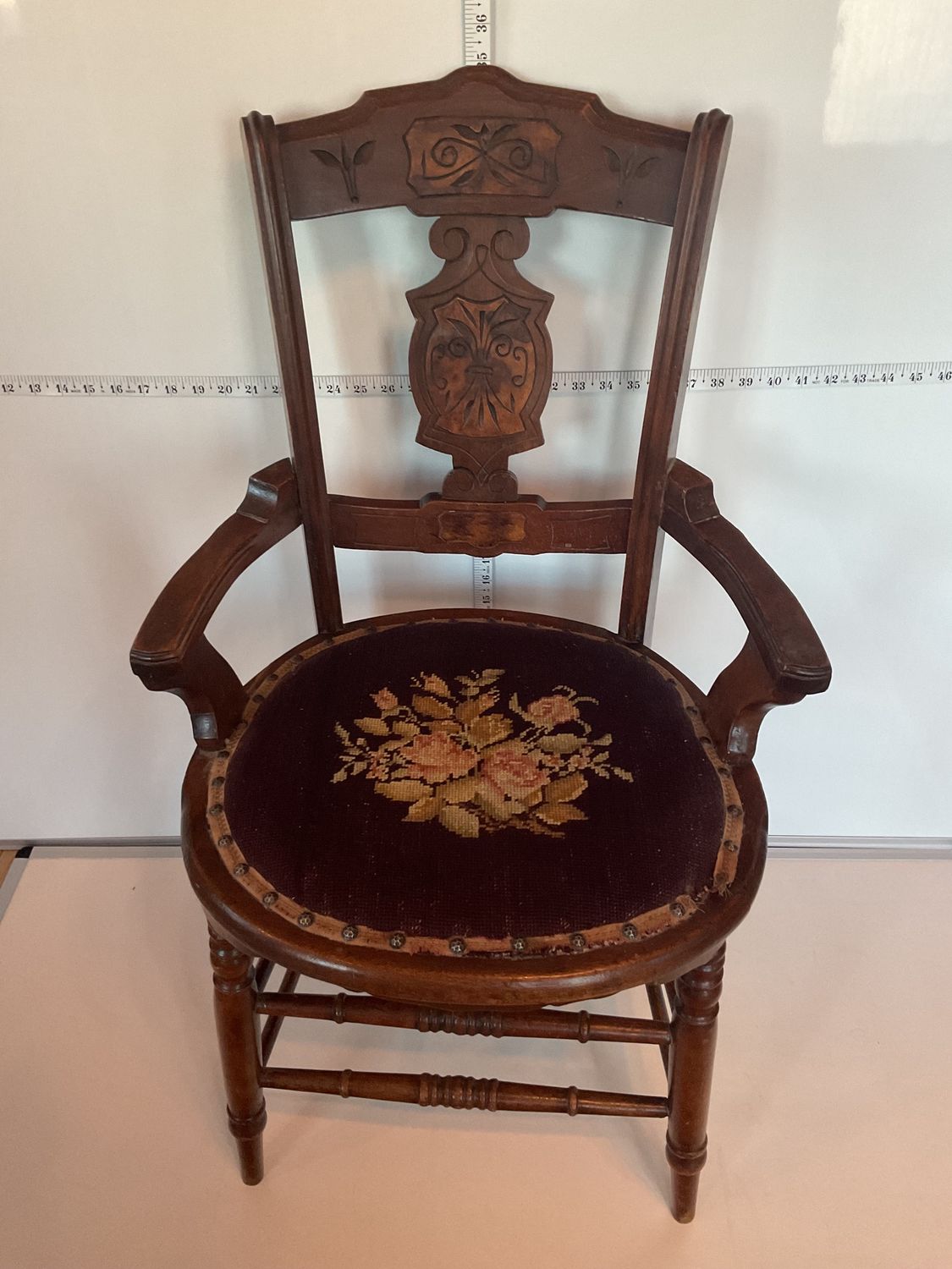 Eastlake Antique Carved, Floral Needlepoint Chair