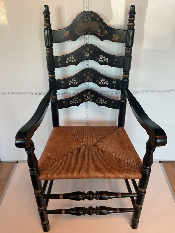 Ethan Allen vintage wooden ladder-back rush seat chair painted black with silver grapes, golden pears and leaves, front-view