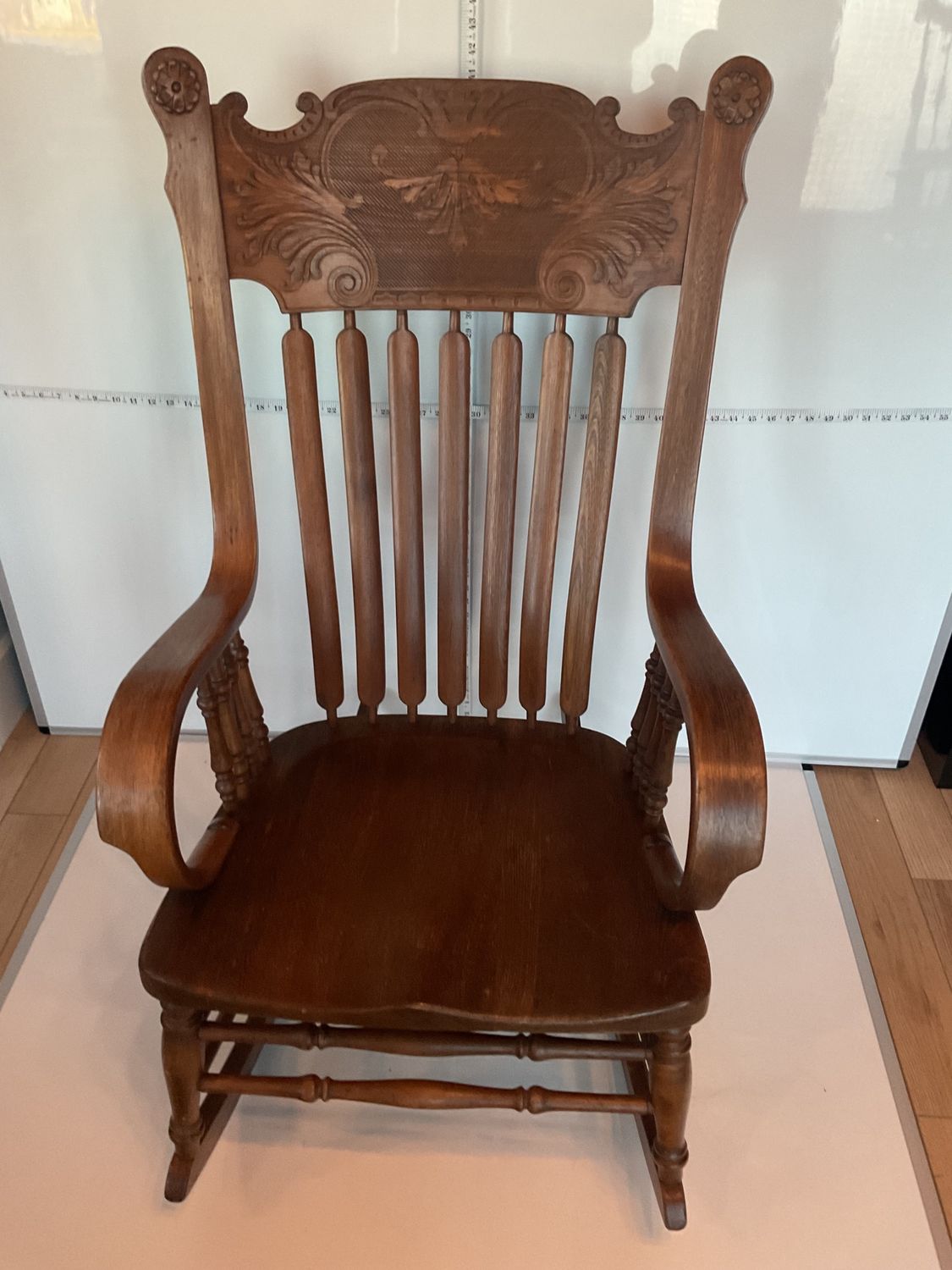 Antique Carved Leaves Rocking Chair, Metal Spindle Arm Rest
