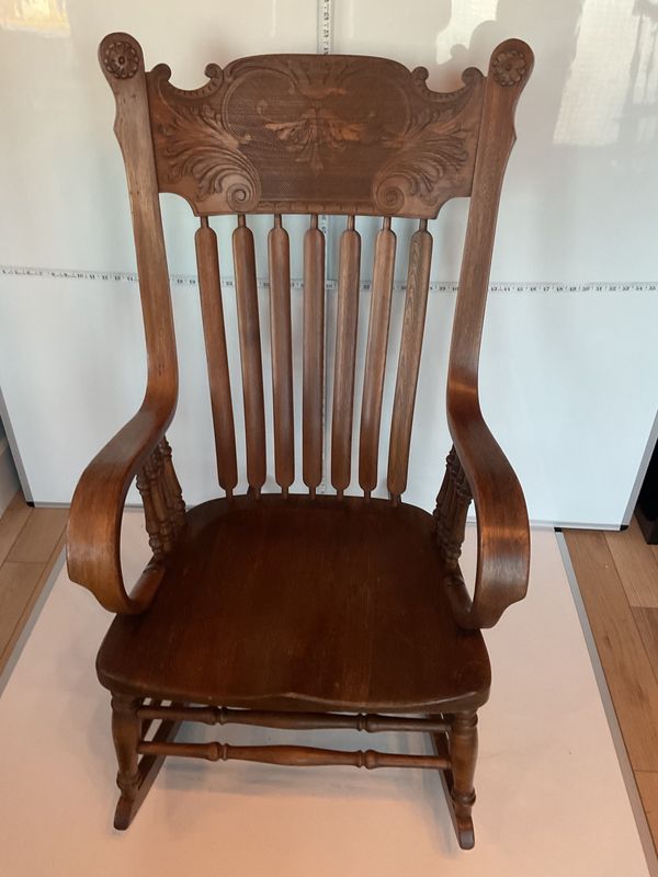 Antique Carved Leaves Rocking Chair, Metal Spindle Arm Rest