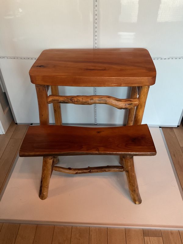 Kid&#39;s Rustic Pine Log Cabin Hand-Carved Desk &amp; Bench