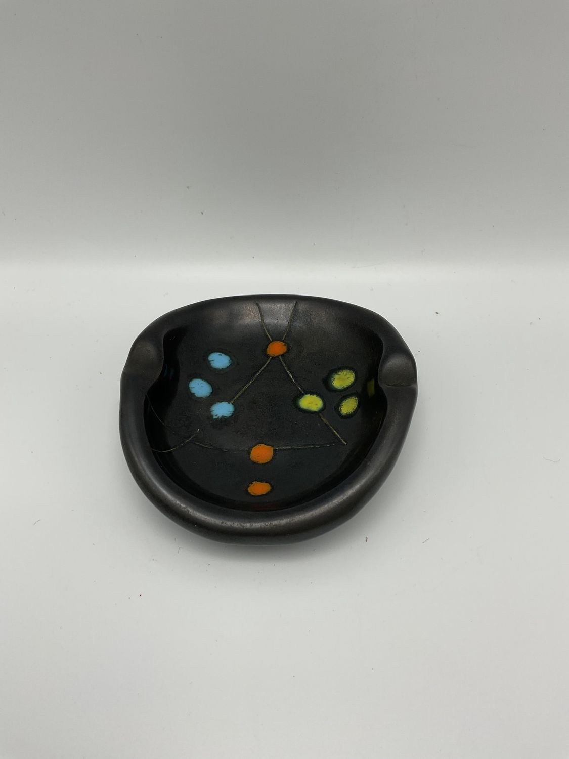 Mid-Century Modern Black Majolica Dish w/ Enamel Dots