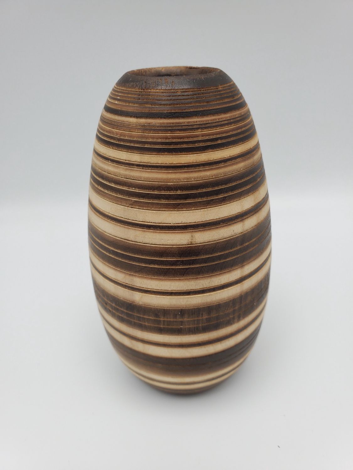 Striped hand-carved wooden vase, 3-toned