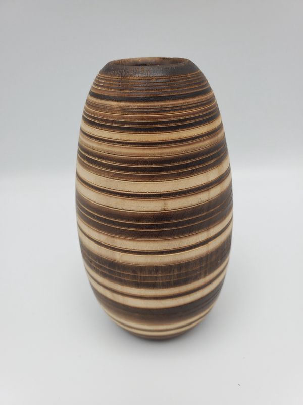 Striped hand-carved wooden vase, 3-toned