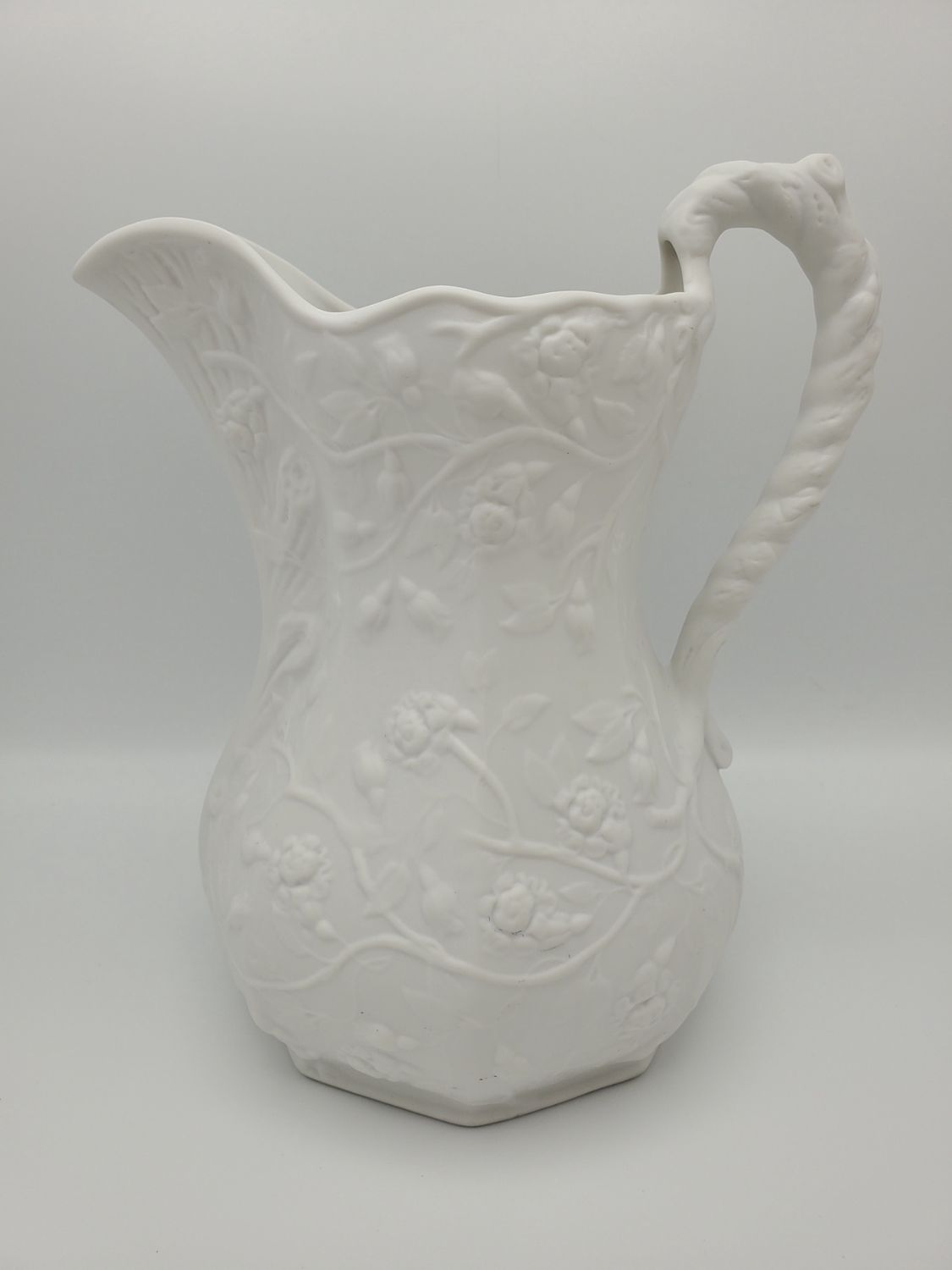 White Embossed Floral Relief Porcelain Pitcher