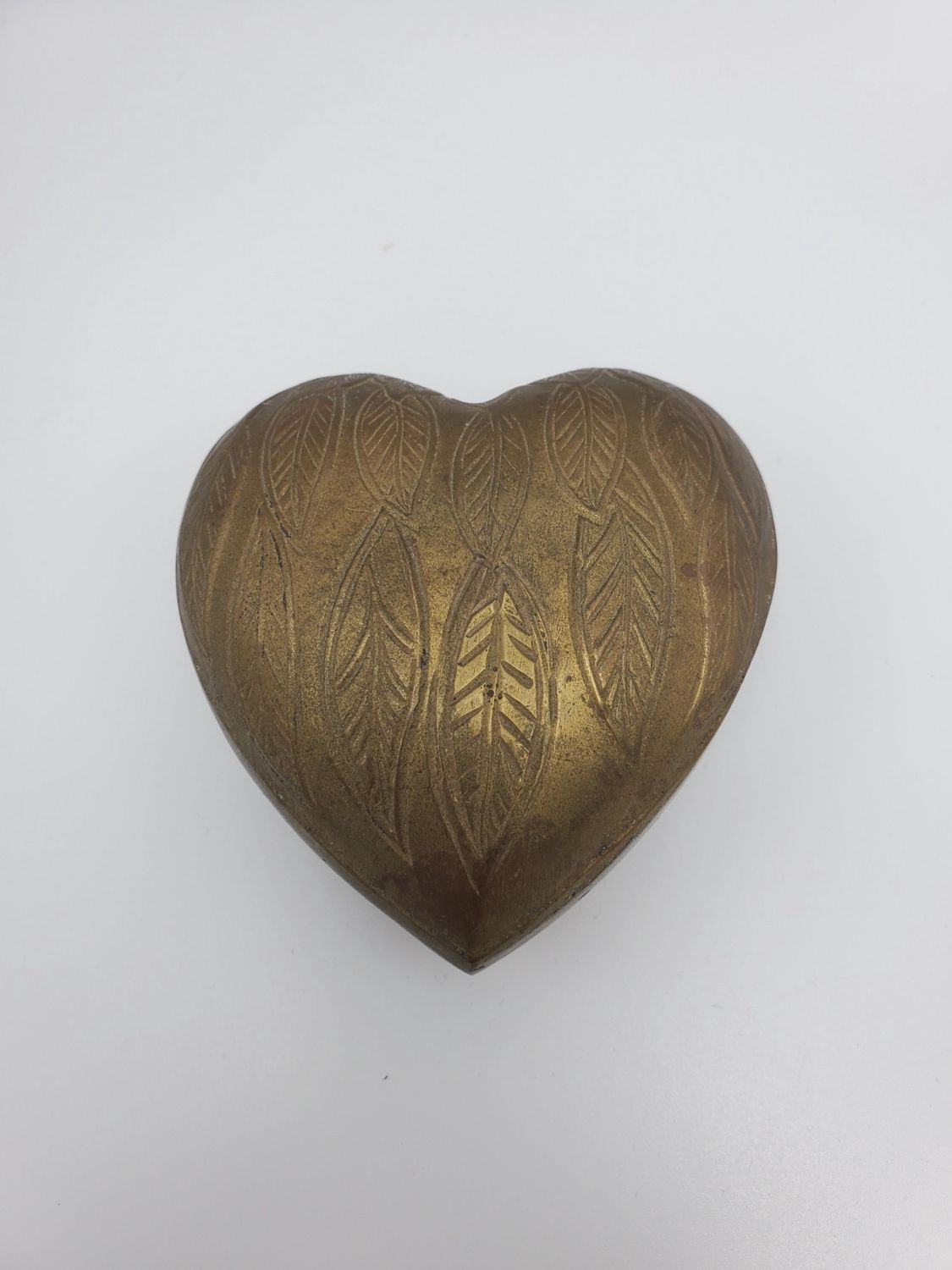 Brass Heart Vintage Paperweight, Etched Leaf