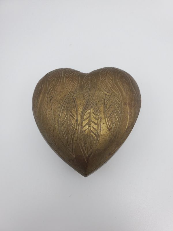 Brass Heart Vintage Paperweight, Etched Leaf