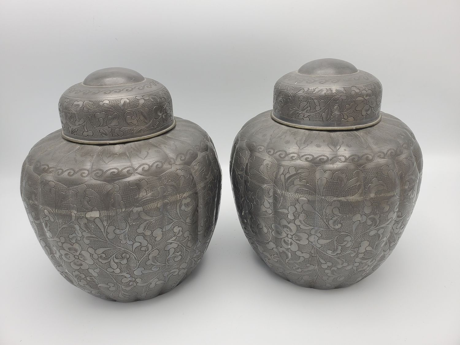 Chinese vintage pewter tea caddies, grey floral