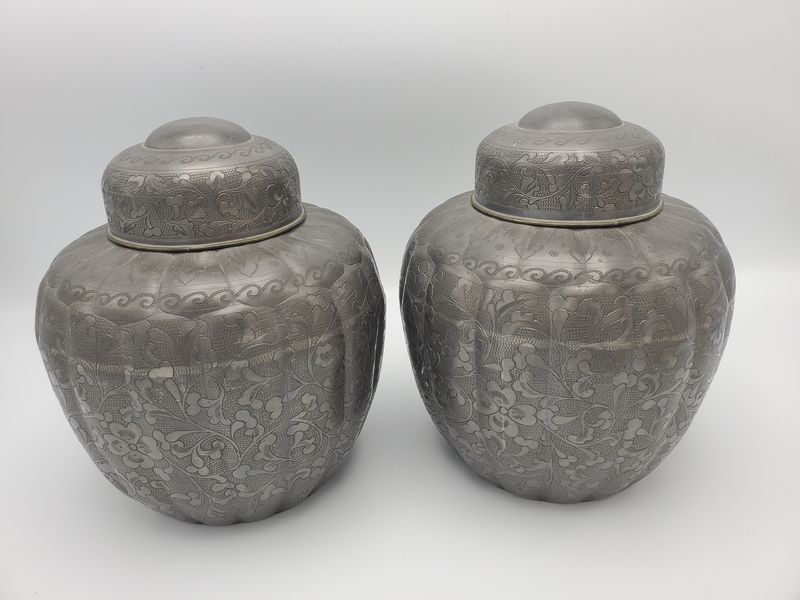 Chinese vintage pewter tea caddies, grey floral
