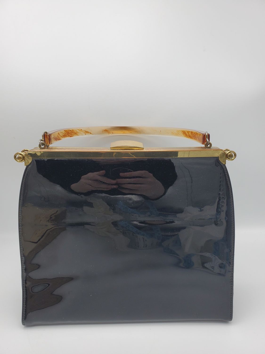Black Patent Vinyl Vintage Purse Amber Lucite Handle