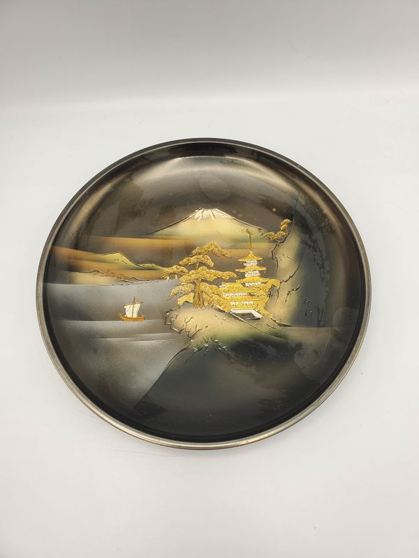 Mixed metal pagoda boat scene plate