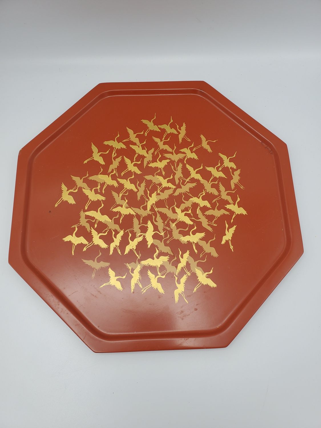 Octogonal Lacquer Vintage Crane Serving Tray