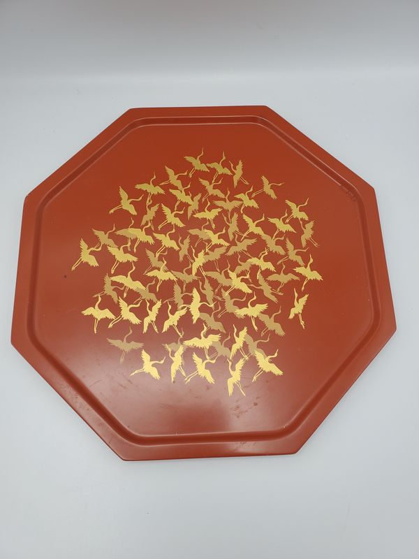 Octogonal Lacquer Vintage Crane Serving Tray
