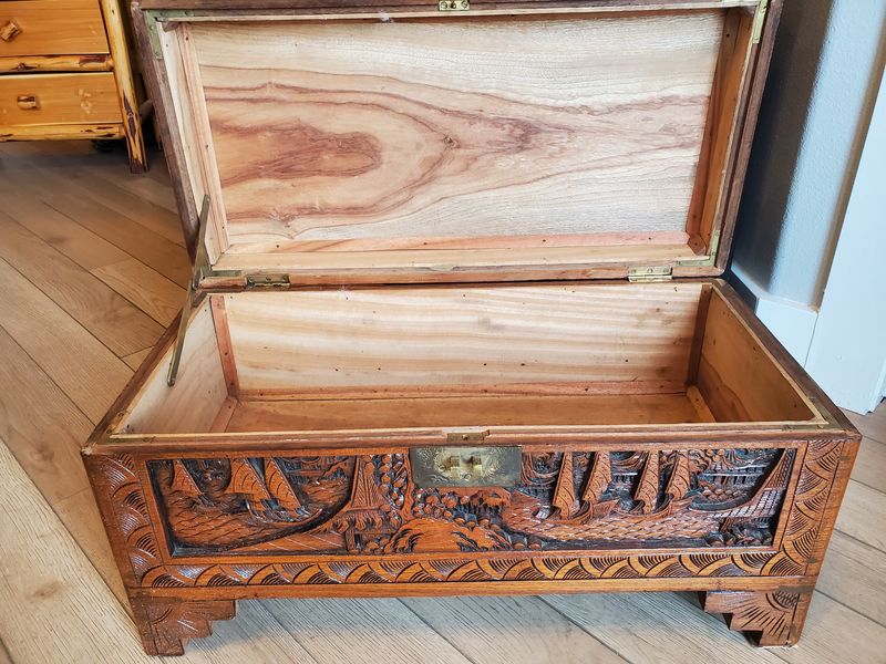 Hand Carved Asian Coastal Village Scene Chest