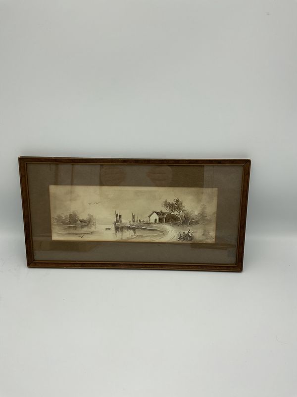 Sepia house on a river