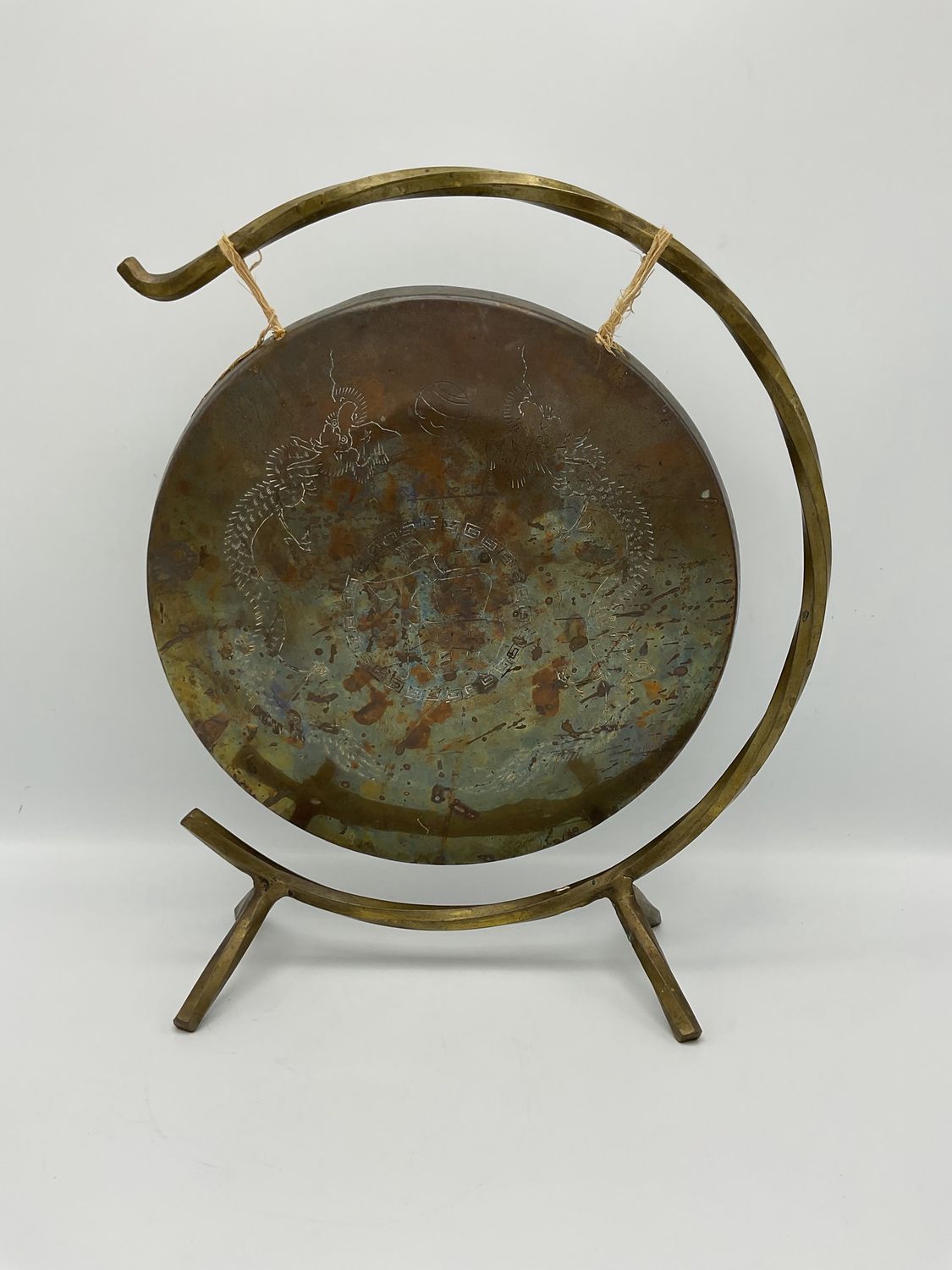 Brass Vintage Gong, Dragon Etching on Curved Stand