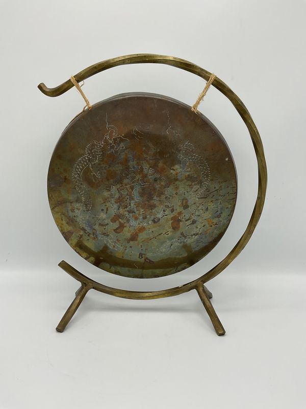 Brass Vintage Gong, Dragon Etching on Curved Stand