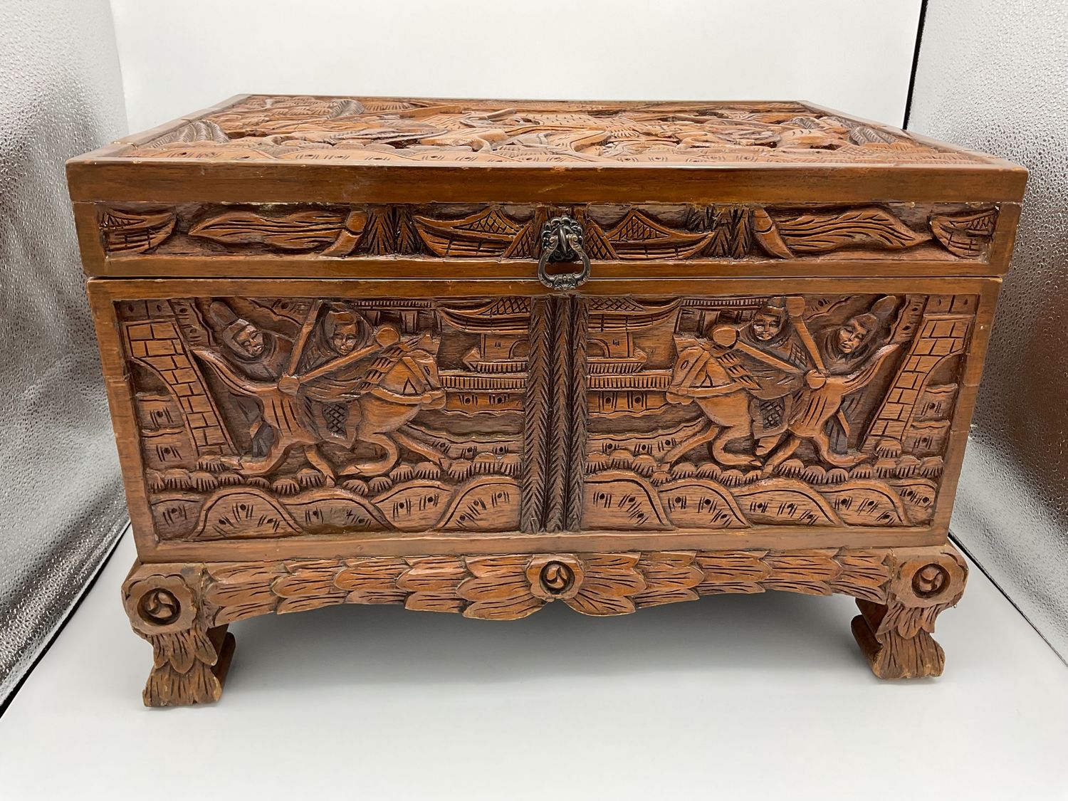 Vintage Hand-Carved Warrior Asian Wooden Chest