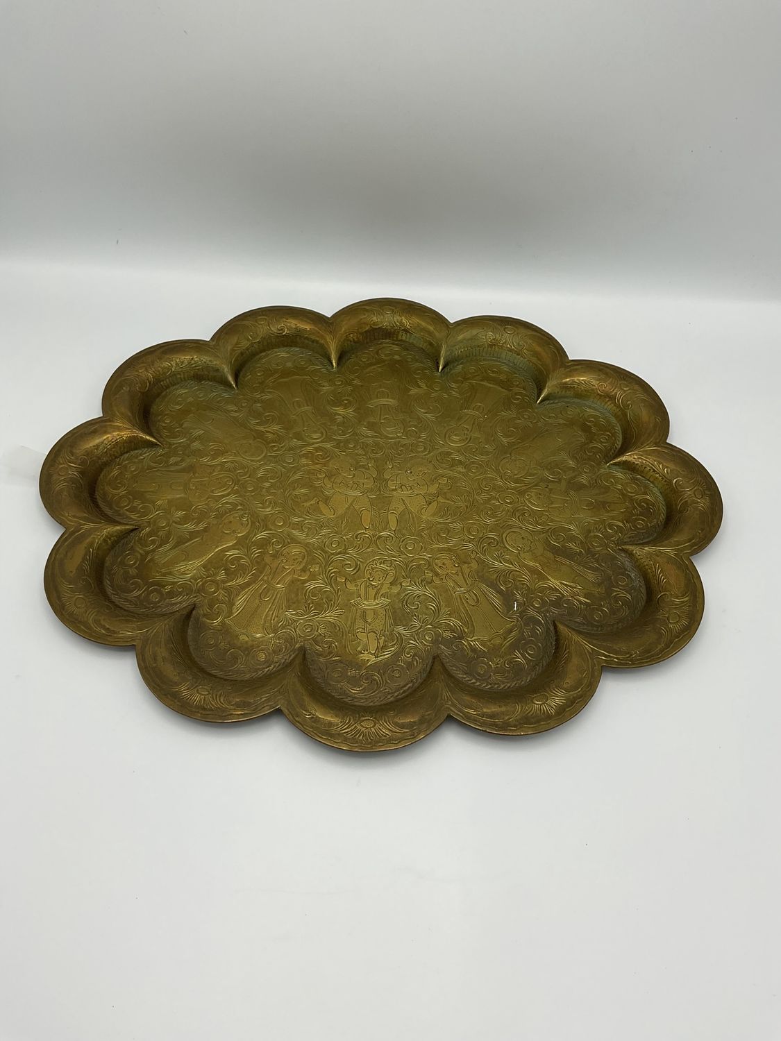 Hand-Etched Vintage Scalloped Floral Brass Tray
