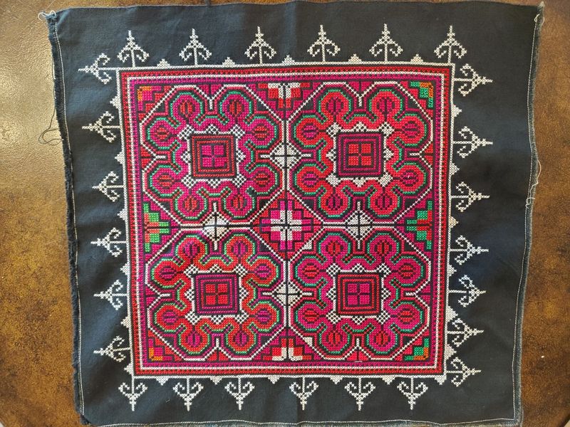 Hand Stitched Hmong-Style Textile, green 15x13