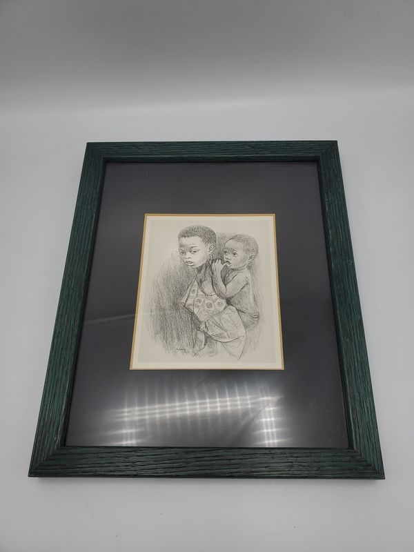 Two siblings drawing signed framed