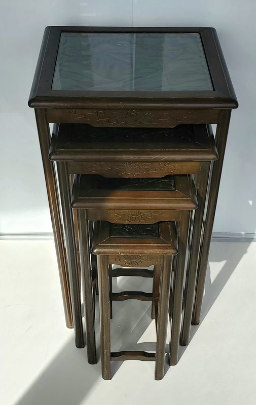 Asian Hand-Carved Vintage Nesting Tables, Set of 4