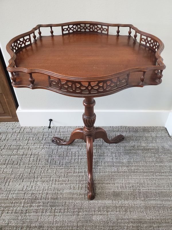 Vintage Mahogany Pie Crust Tripod Table with Fretwork Gallery