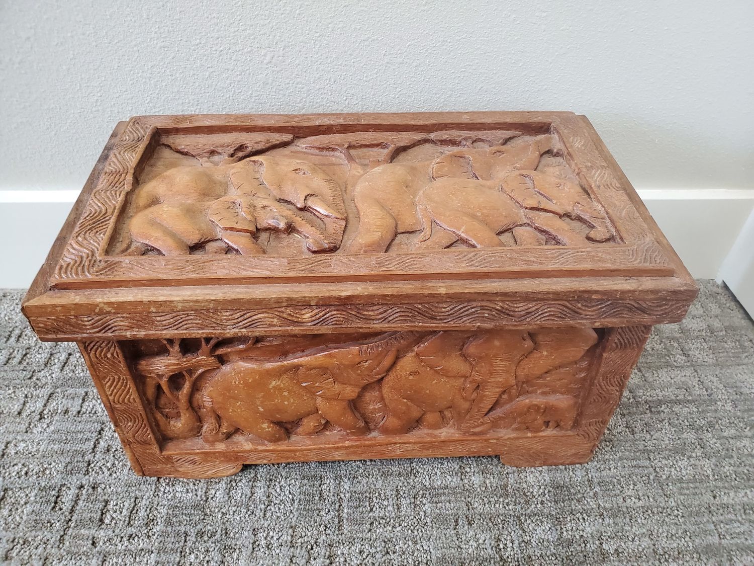 Hand Carved Wooden Chest, African Wildlife