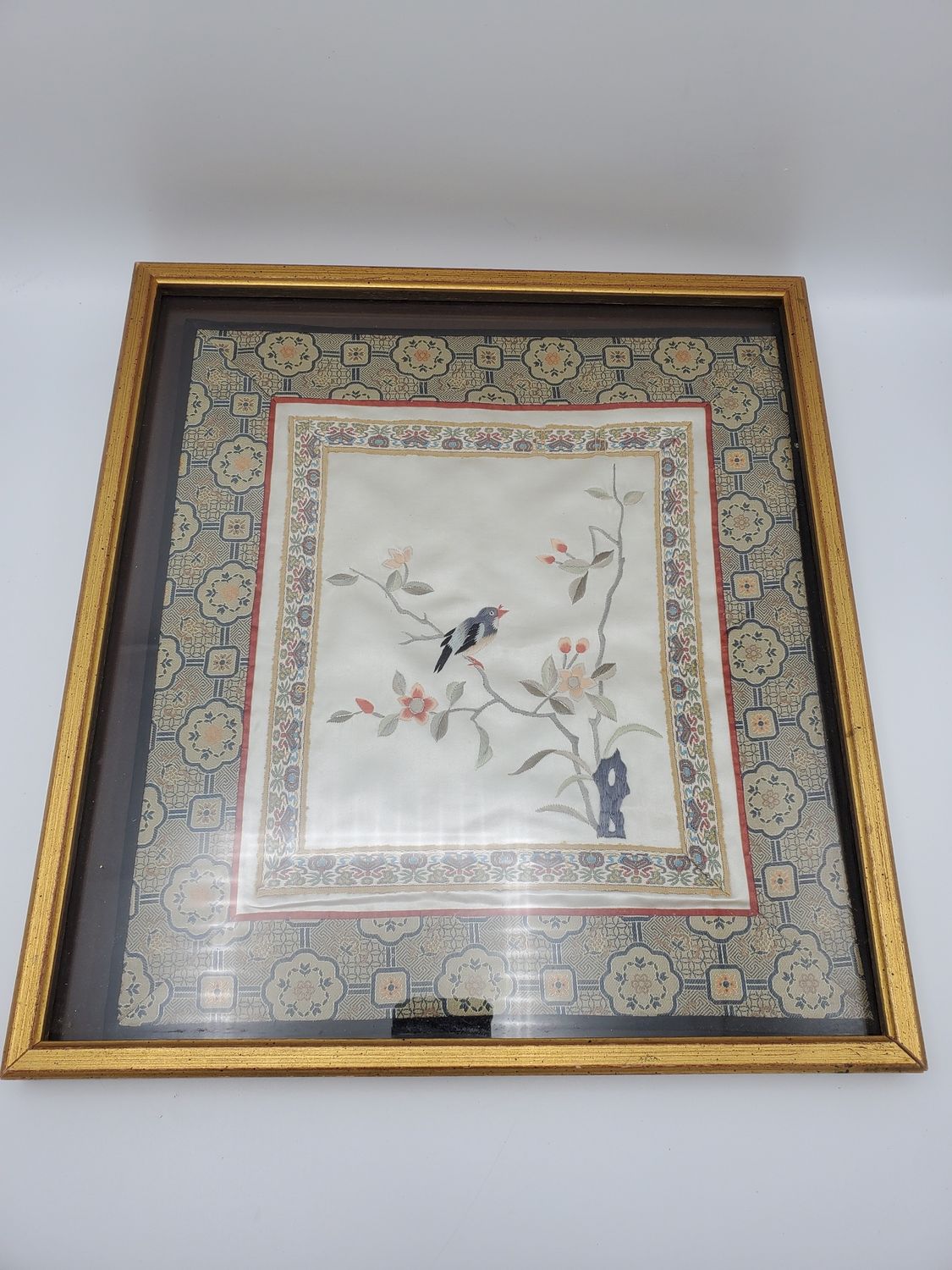 Silk embroidery bird on tree framed